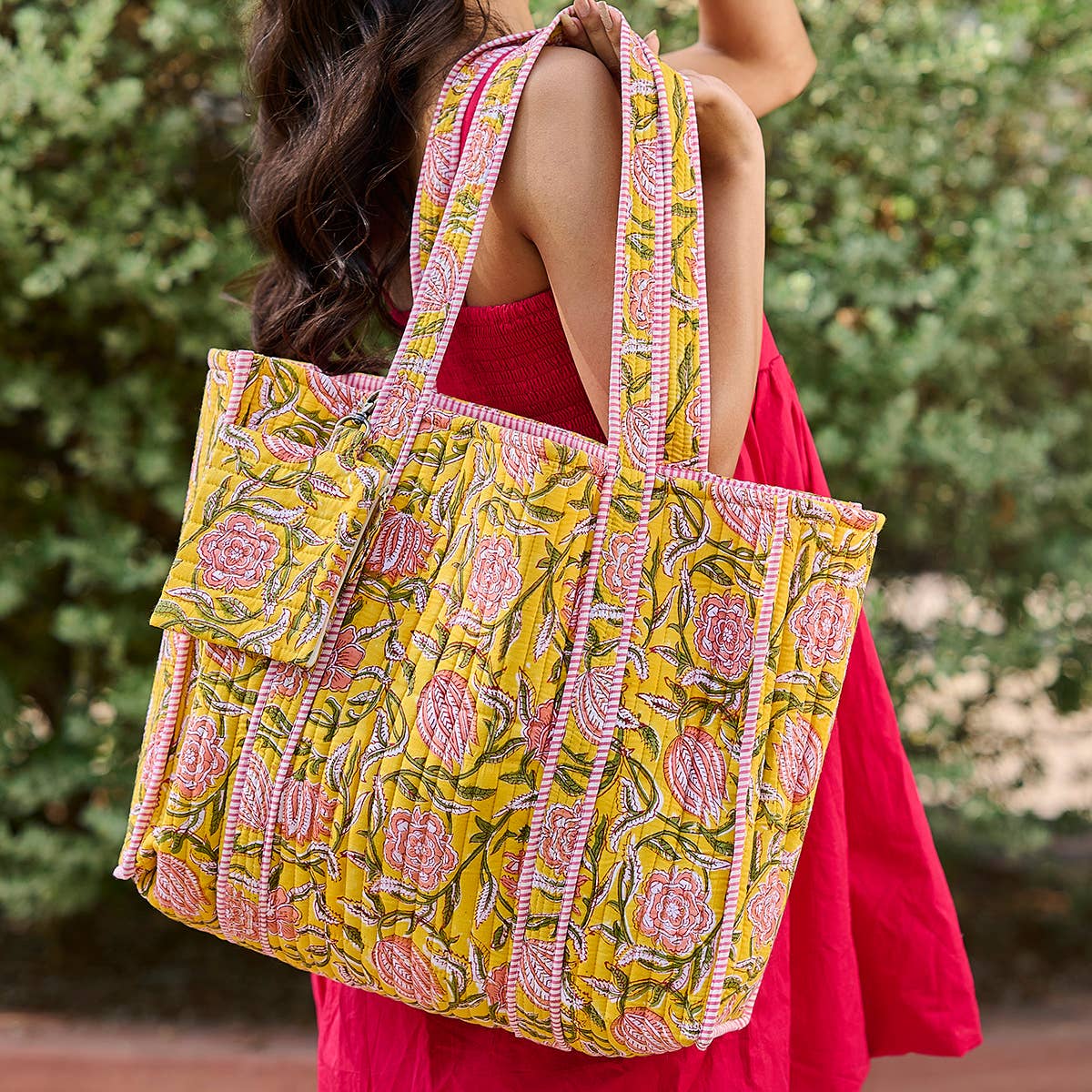 Quilted Block-Printed Tote Bag with Travel Pouch