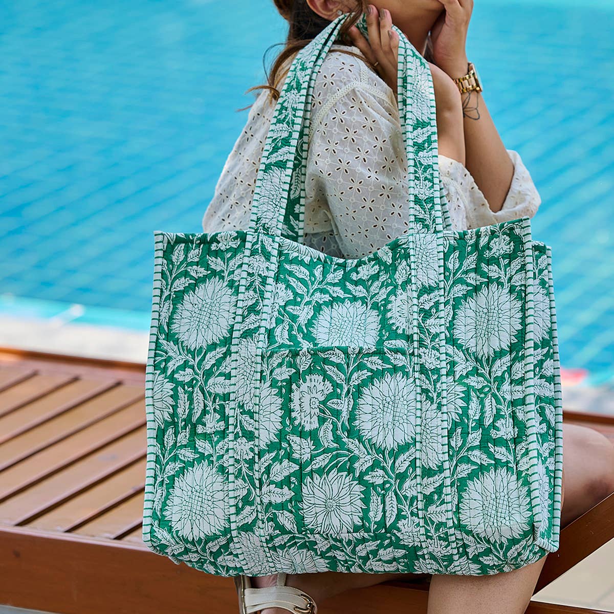 Quilted Block-Printed Tote Bag with Travel Pouch