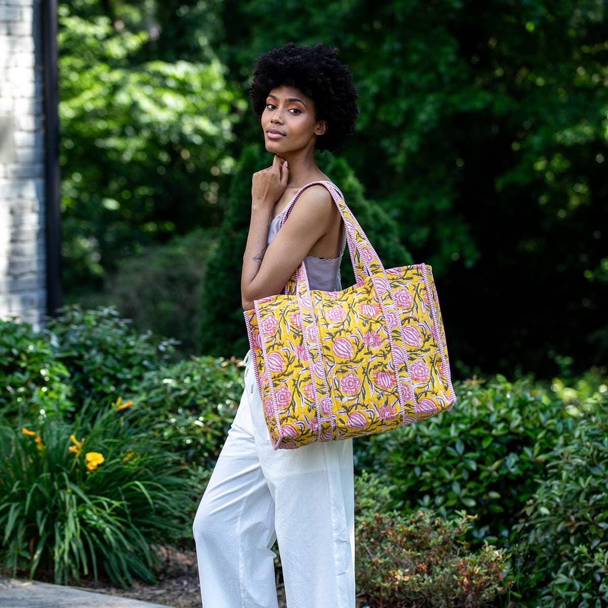Quilted Block-Printed Tote Bag with Travel Pouch