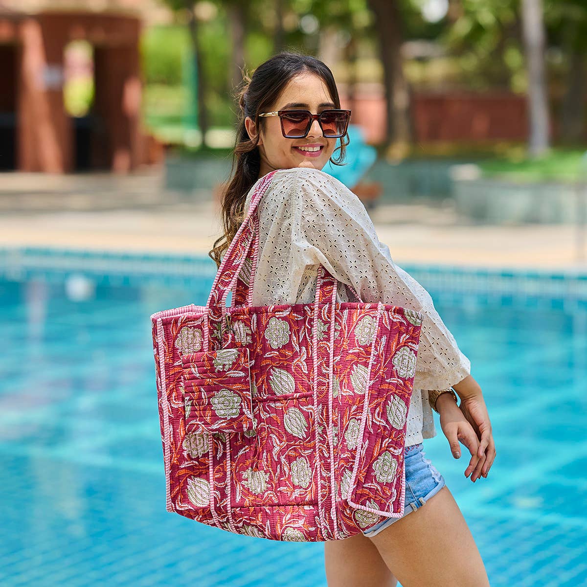 Quilted Block-Printed Tote Bag with Travel Pouch