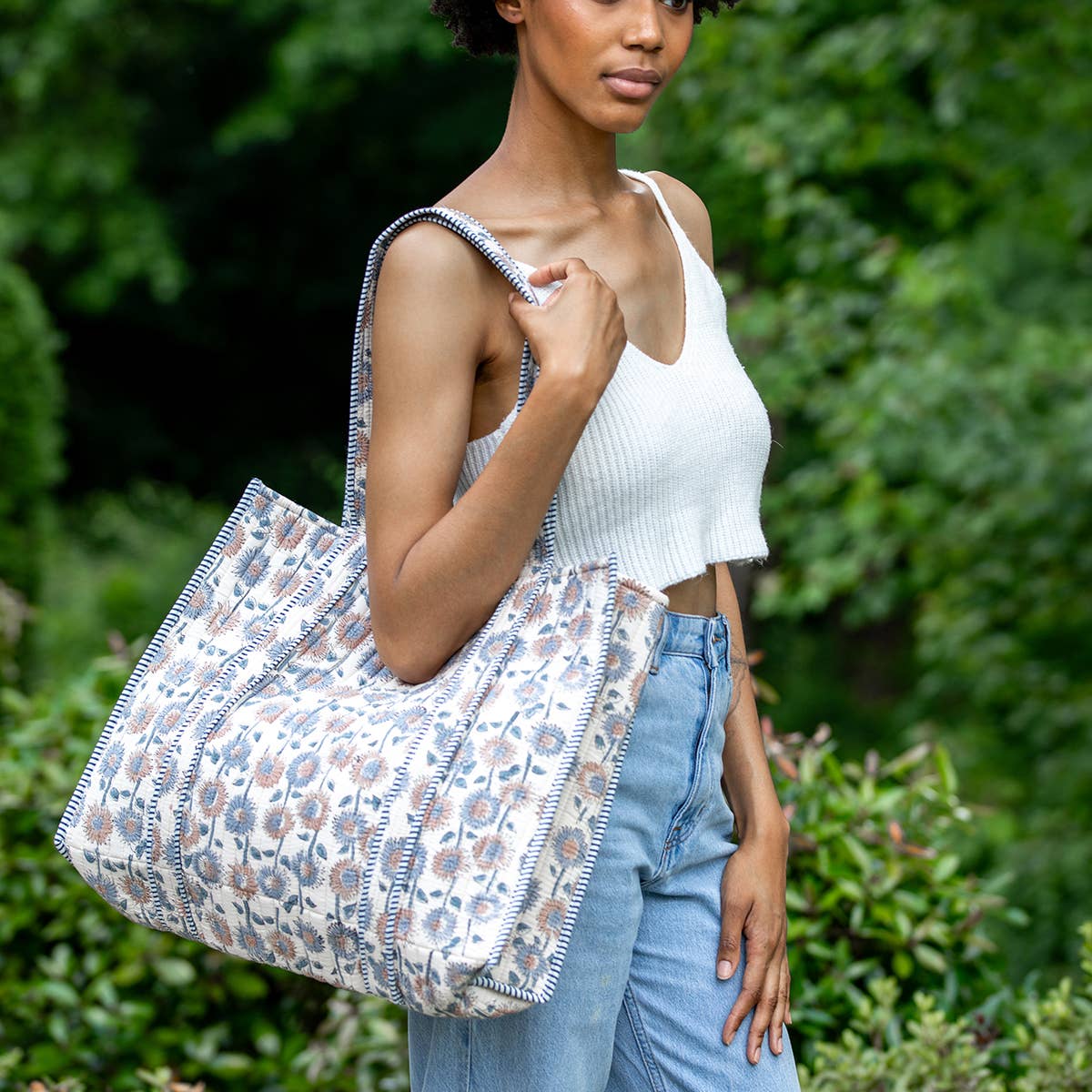 Quilted Block-Printed Tote Bag with Travel Pouch