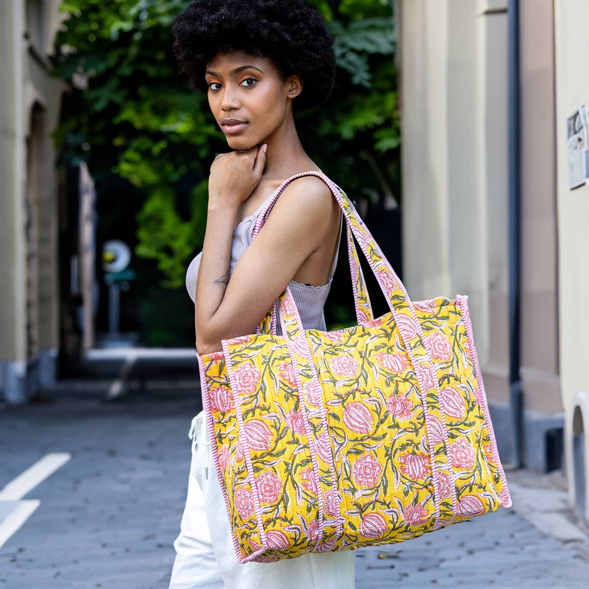 Quilted Block-Printed Tote Bag with Travel Pouch