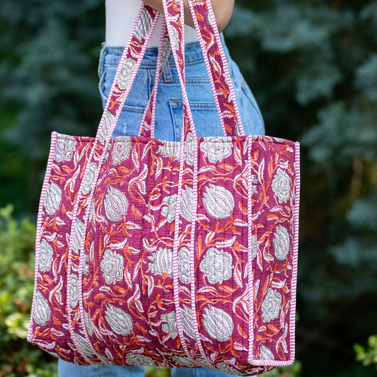 Quilted Block-Printed Tote Bag with Travel Pouch